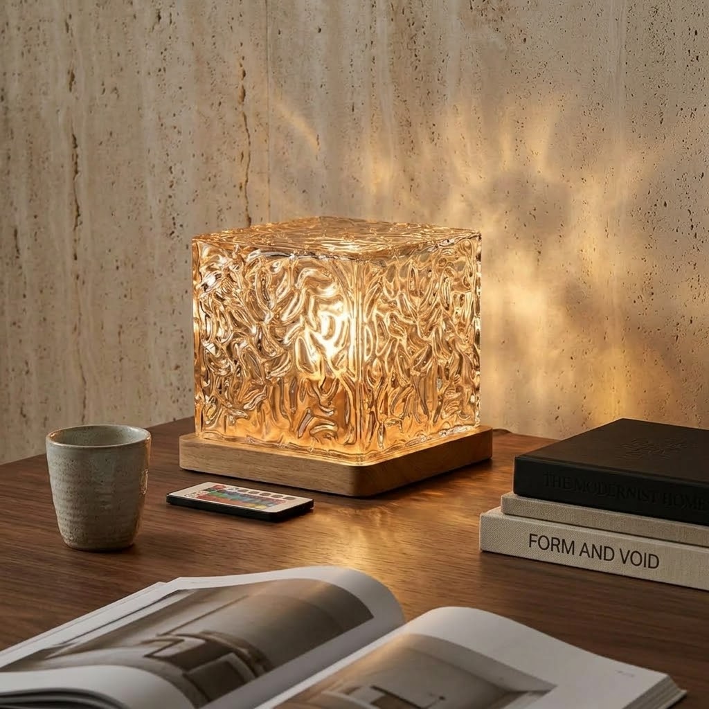AURA Cube crystal lamp on a travertine plinth beside design books