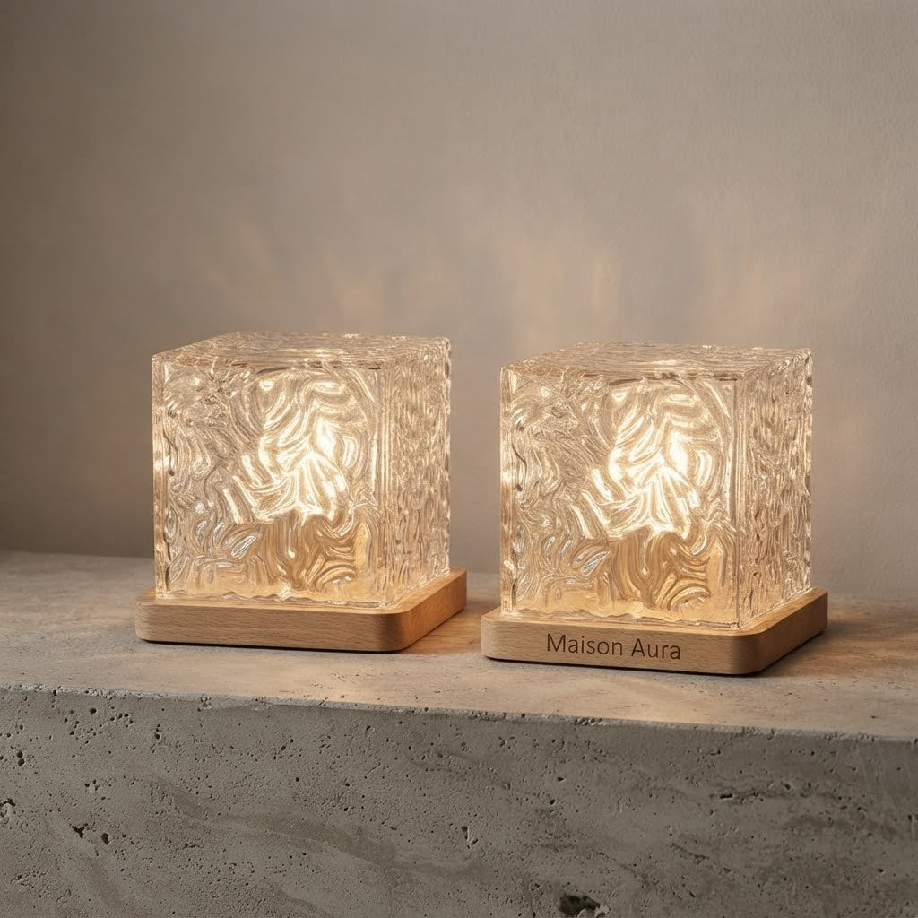 Bundle of 4 AURA Cube crystal water-ripple lamps glowing with synchronized blue-green lighting