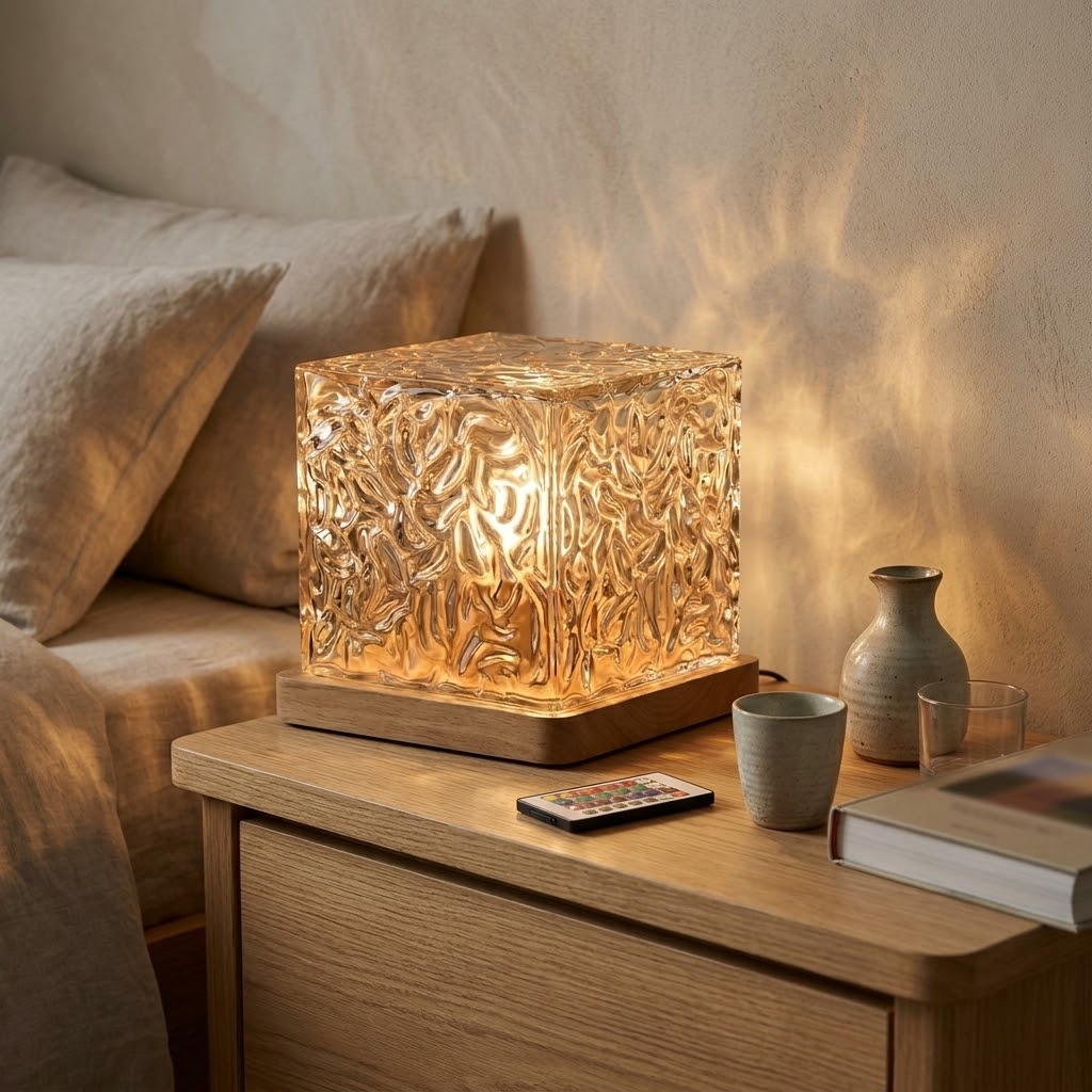 AURA Cube switched off: textured crystal cube on a light oak base