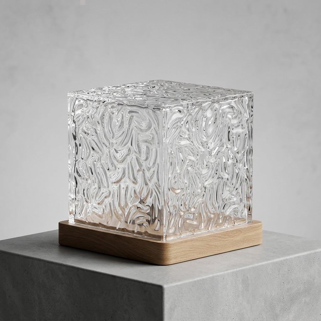 AURA Cube lamp glowing on a bedside table, water-ripple reflections across the wall